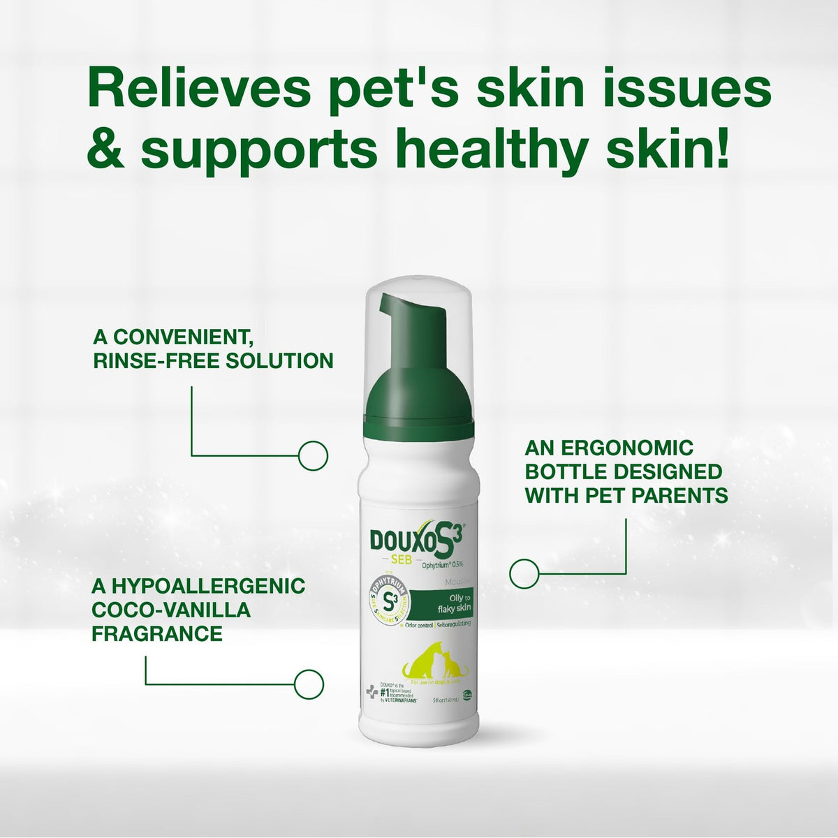 Douxo S3 SEB Dog Seboregulating Mousse, 0.5% Ophytrium, 5 fl oz