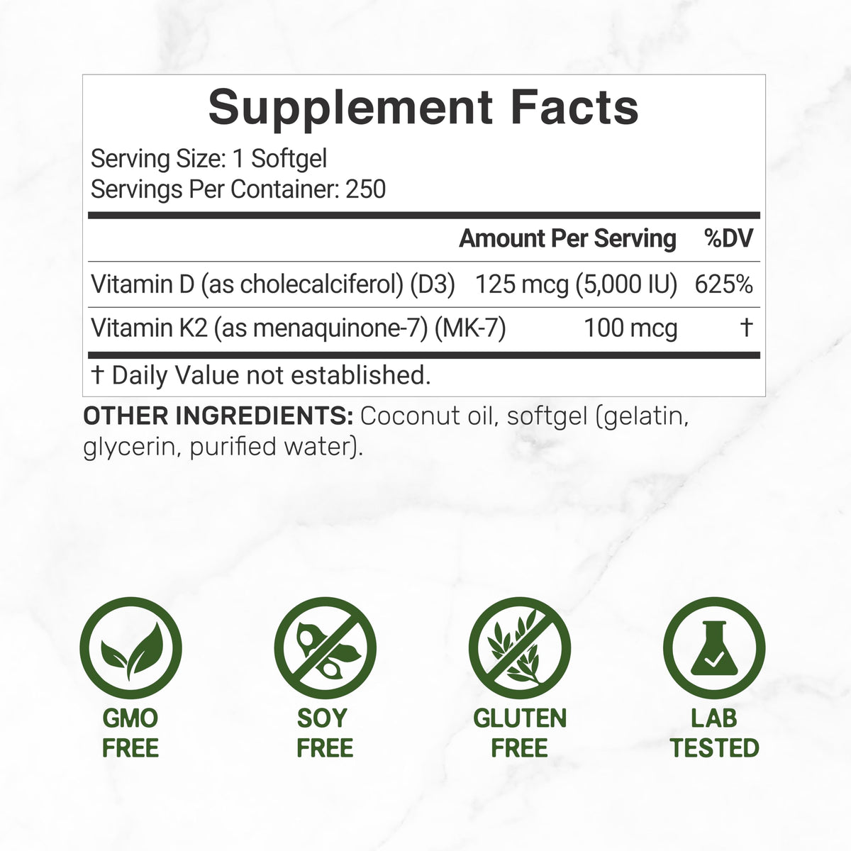 DEAL SUPPLEMENT Vitamin D3 5,000 IU + K2 MK7 100mcg Softgels | 2-in-1 Complex with Virgin Coconut Oil | Supports Heart, Bone, Teeth & Immune Health | Easy to Swallow
