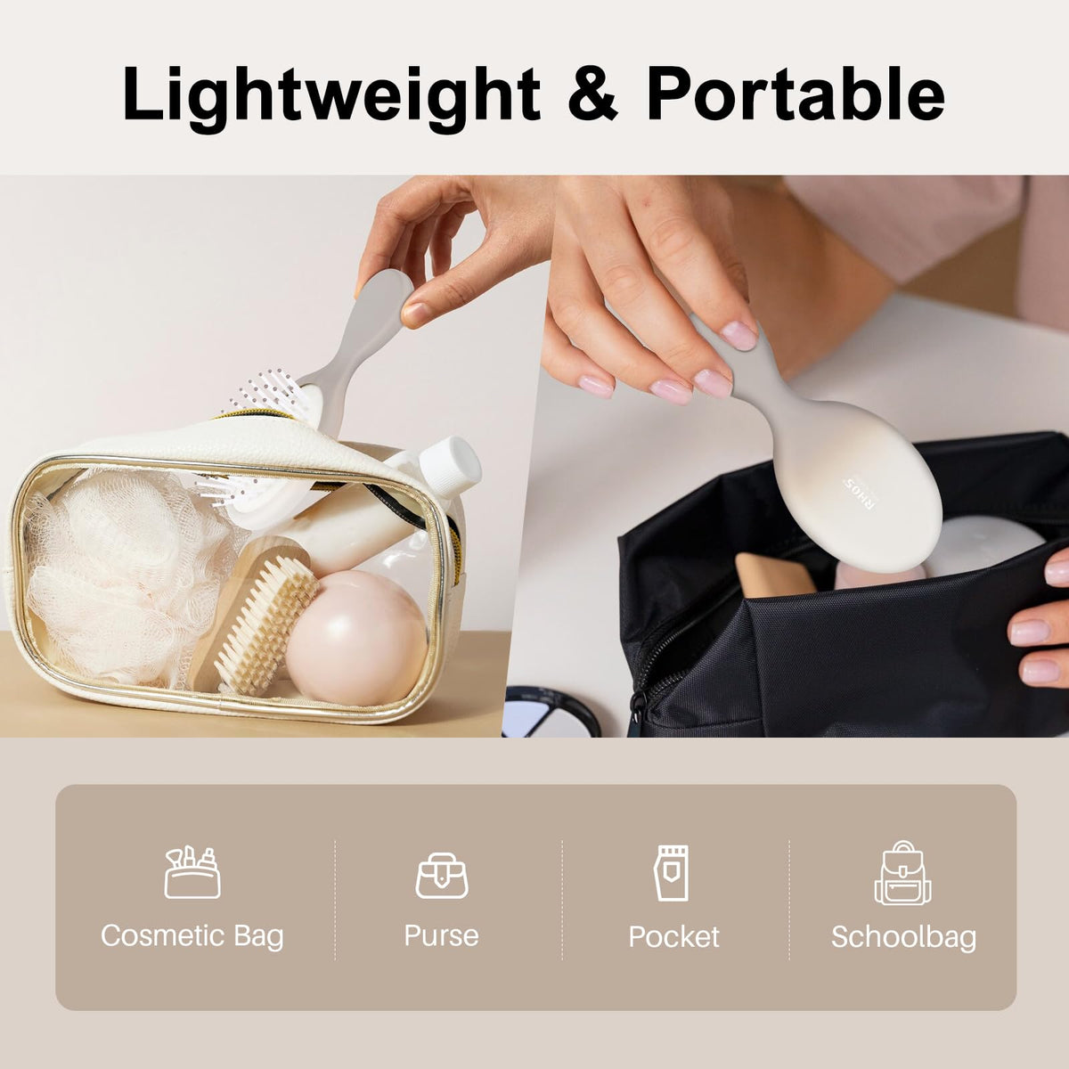 The RHOS Folding Brush with Mirror is lightweight, perfect for purses or bags, ideal for on-the-go grooming. Original product.