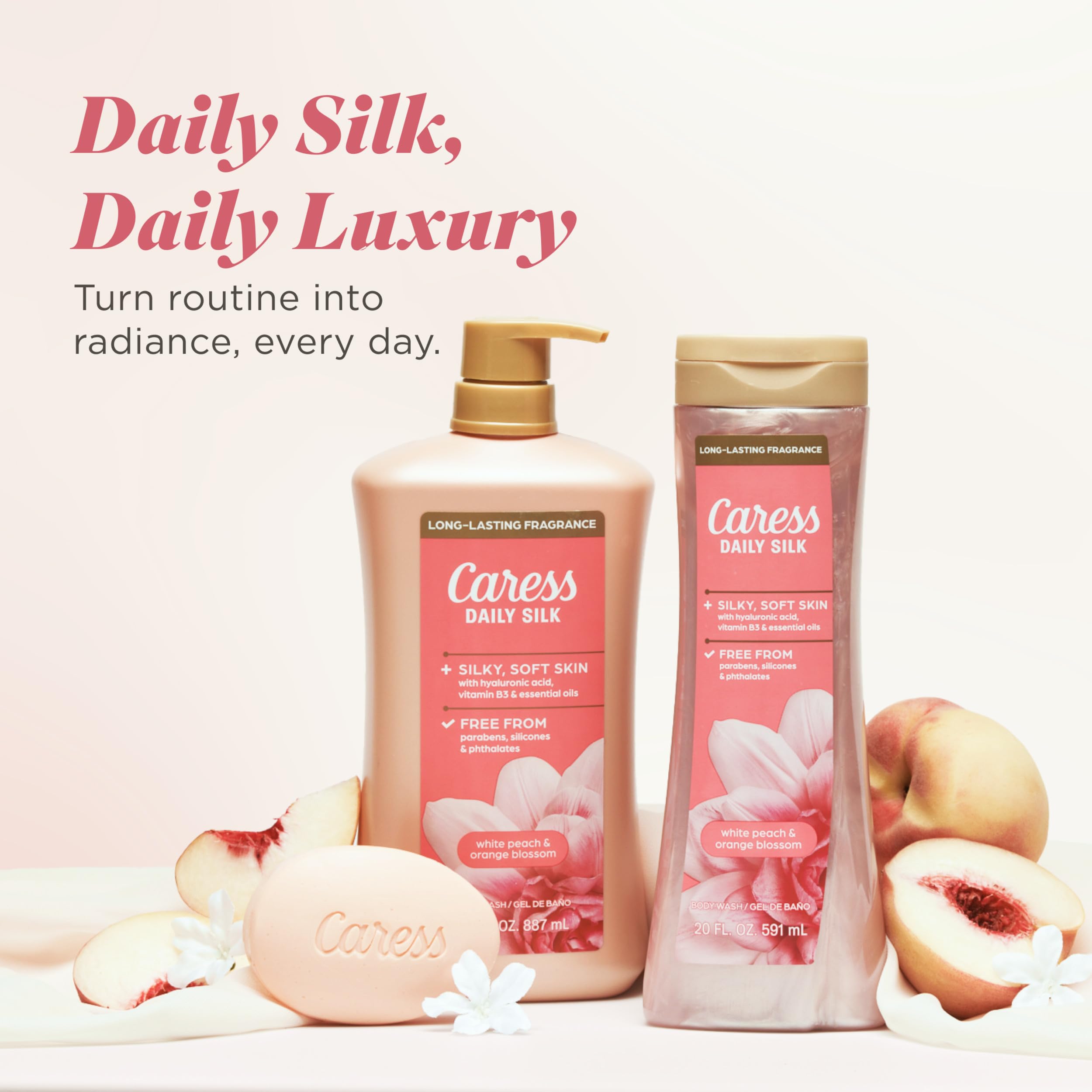 Caress Body Wash for Women, Daily Silk White Peach & Orange Blossom, Shower Gel Body Wash Moisturizing for Noticeably Silky, Soft Skin, 20 fl oz, 4 Pack