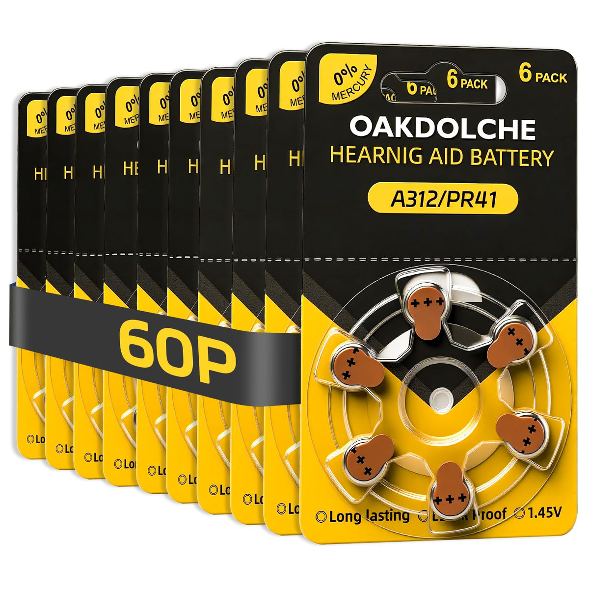 60 Count Hearing Aid Batteries Size 312, 1.4V Long Lasting
