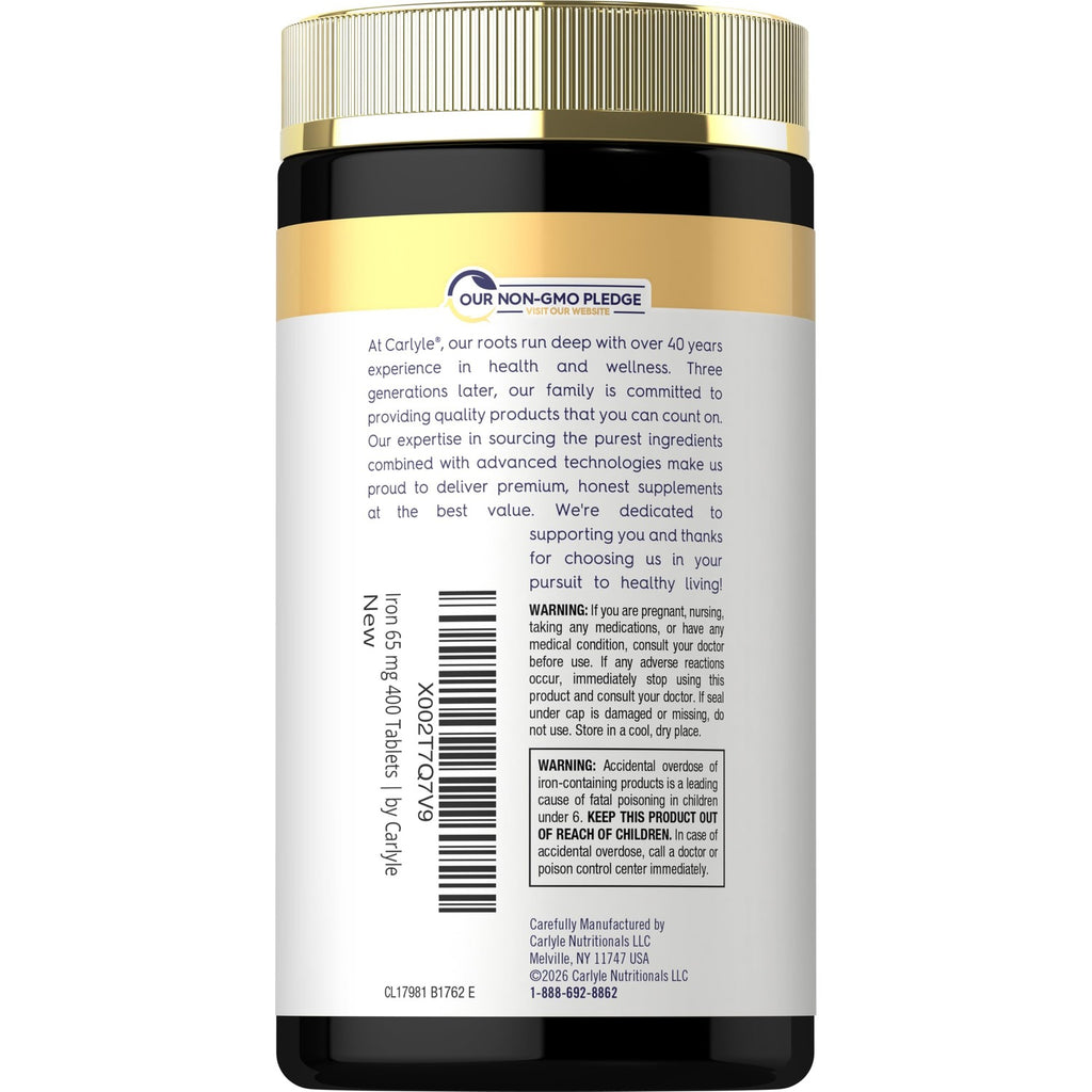 Carlyle Iron Ferrous Sulfate 325mg, 65 mg | 400 Tablets | Non-GMO, Gluten Free, and Vegetarian Supplement | High Potency