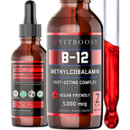 VITBOOST Vitamin B12 Liquid Drops - 60 x 5000 mcg Vegan B12 Sublingual | Extra Strength Raspberry Flavored Methylcobalamin B-12 Supplement Designed to Maximize Absorption & Energy, Gluten Free