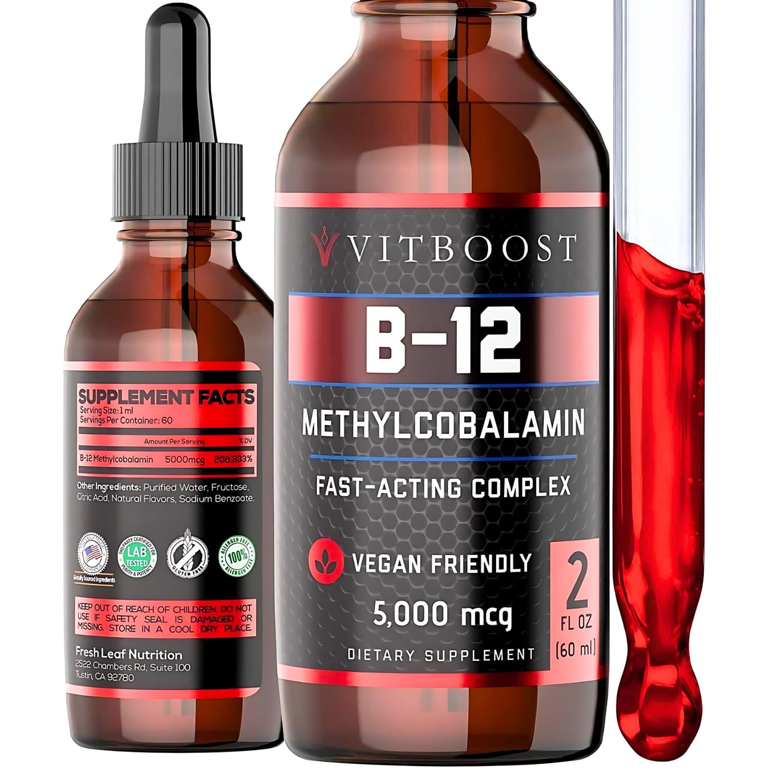 VITBOOST Vitamin B12 Liquid Drops - 60 x 5000 mcg Vegan B12 Sublingual | Extra Strength Raspberry Flavored Methylcobalamin B-12 Supplement Designed to Maximize Absorption & Energy, Gluten Free