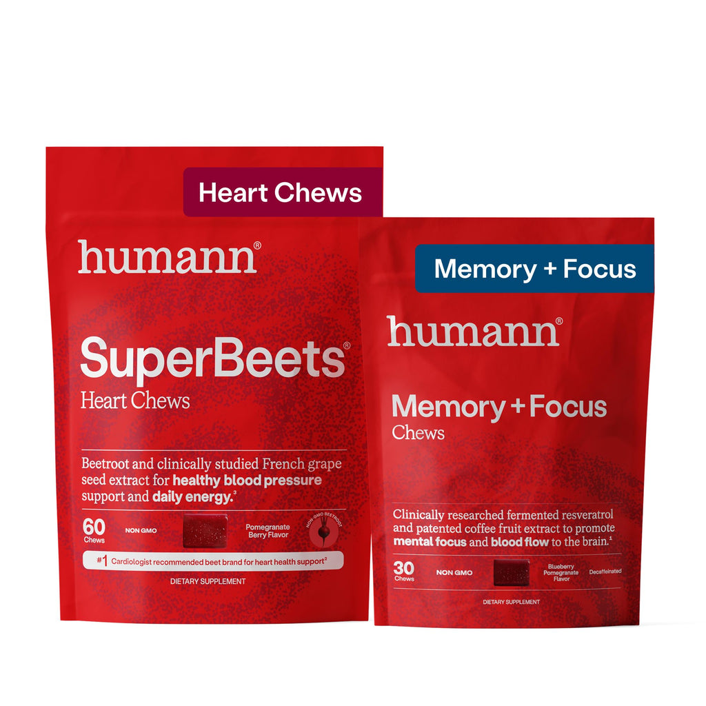 HumanN Memory + Focus Chews, Cognitive, Blueberry Pomegranate Flavor, 30 Ct | Mental Alertness, Non-GMO, Clinically Studied Nootropics, Fermented Resveratrol & Beet Juice Powder, For Adults, Made in USA