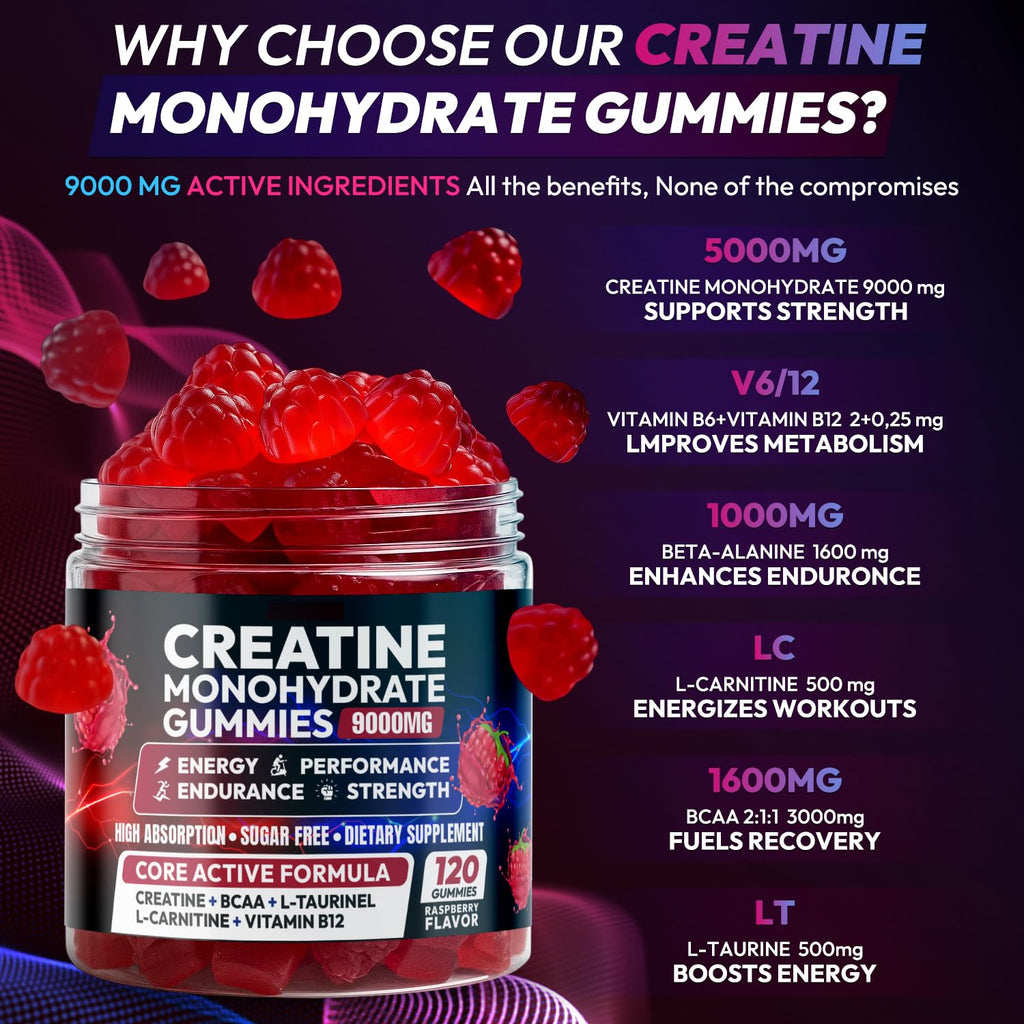 Creatine Monohydrate Gummies 5000MG, Creatine Gummy for Men & Women 120Ct | Pre-Workout for Adults, Creatine Gummy with L-Taurine, BCAA 2:1, B12/6 for Muscle Support, Enhance Strength, Energy Boost