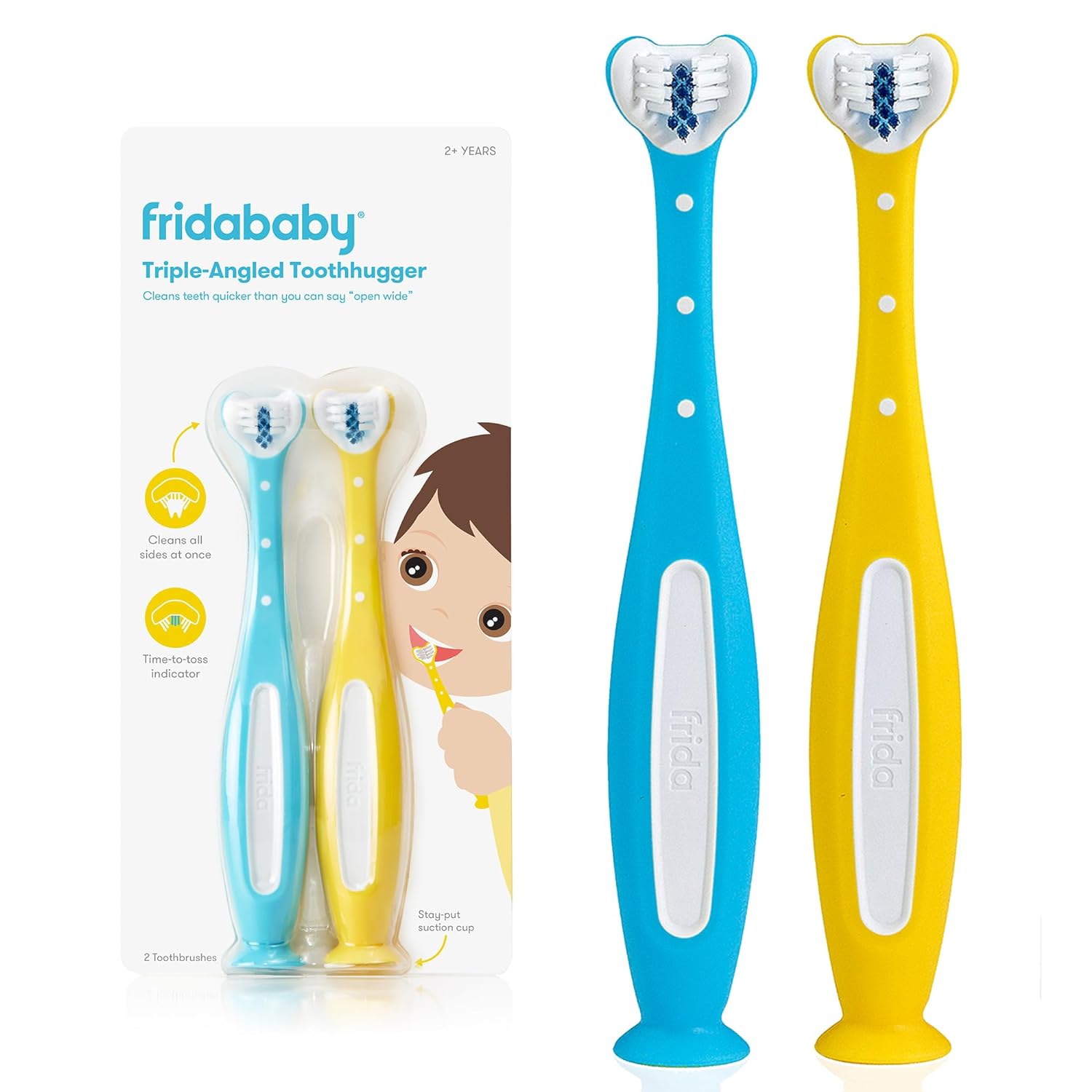 Buy now Frida Baby Triple-Angle Toothhugger Training Toddler Toothbrush | Toddler Toothbrush 2 Years and Up, Cleans All Sides at Once | Pink 1 Count (Pack of 2) Yellow + Blue at indiglob india