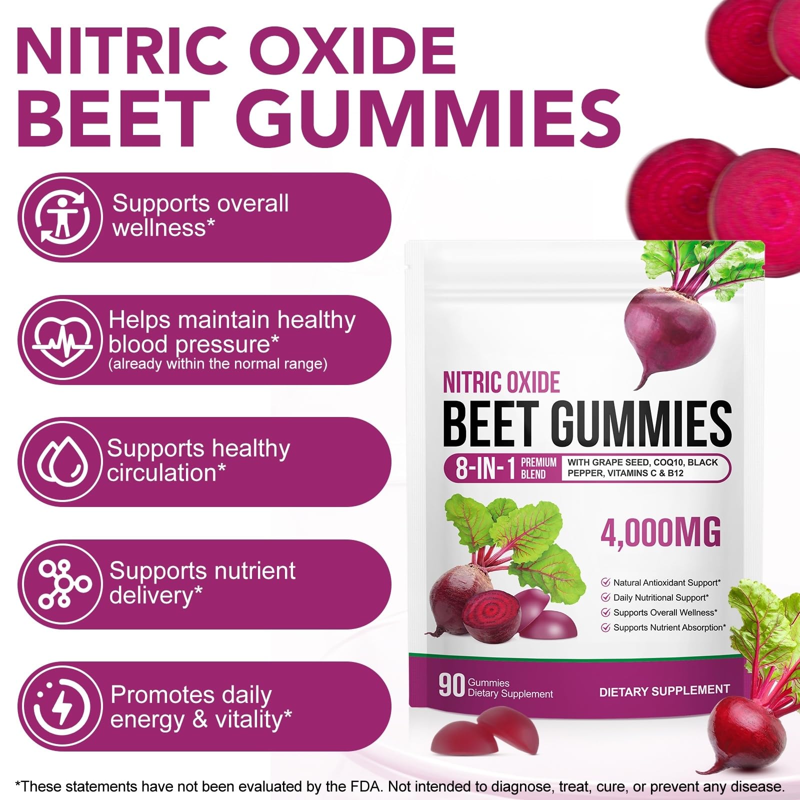 Super Beetroot Gummies, 8 in 1 Beet Root 4,000mg with Grape Seed Extract & CoQ10, Sugar Free - 90 Count (1)