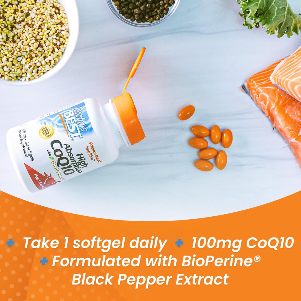 Buy now Doctor's Best High Absorption CoQ10 with BioPerine, Gluten Free Naturally Fermented, Heart Health & Energy Production, 100 mg, 60 SoFtgels at indiglob india