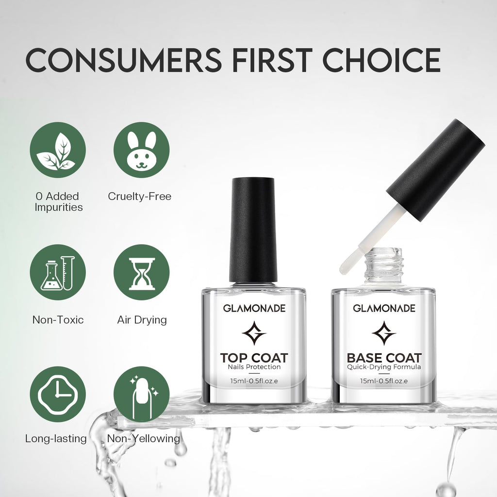 Glamonade Base Top Coat Nail Polish: Clear Quick Dry Nail Polish High Shine Long Lasting Glossy Regular Nail Lacquer Air Dry Fast Base Coat for Women Gift Nail Art Manicure Salon Quality
