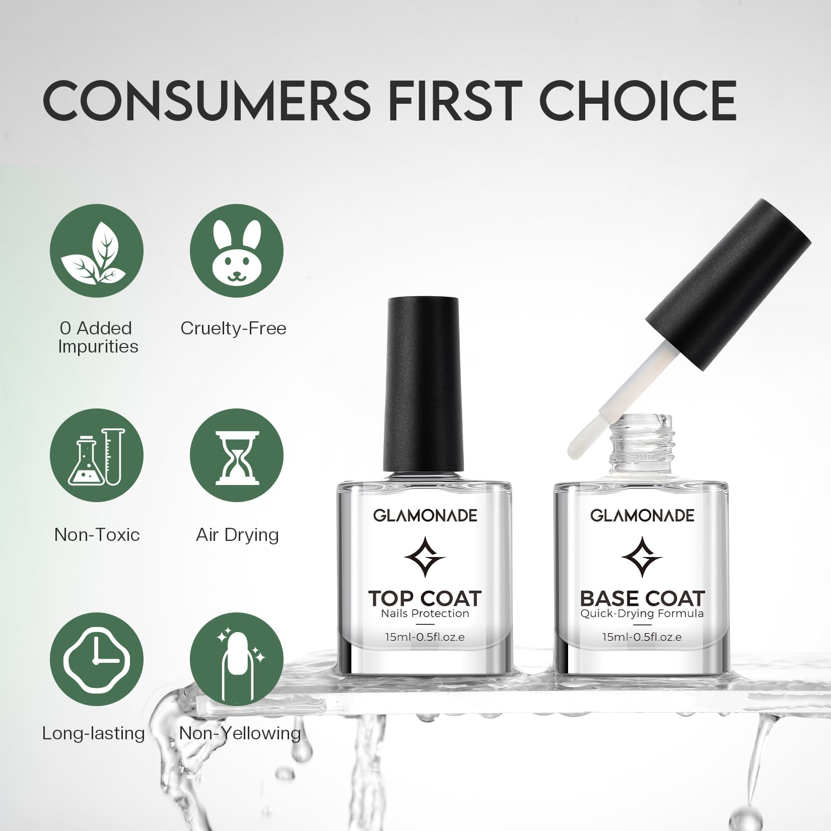Glamonade Base Top Coat Nail Polish: Clear Quick Dry Nail Polish High Shine Long Lasting Glossy Regular Nail Lacquer Air Dry Fast Base Coat for Women Gift Nail Art Manicure Salon Quality