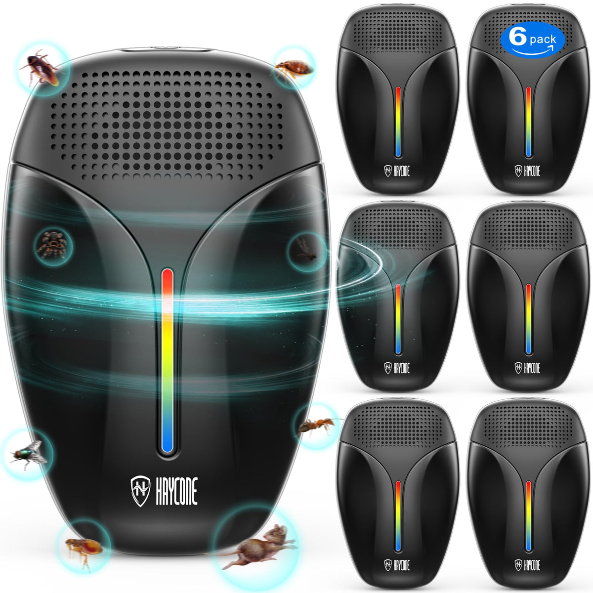 Upgraded Ultrasonic Repeller & Insect Indoor Repeller,Ultrasonic and Repellent for Roach,Rodent,Mouse,Bugs,Mosquito,Mice,Spider,Ant,3 Mode Switching,6 Packs
