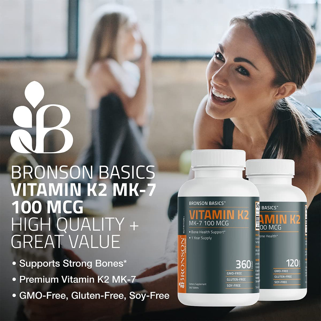 Bronson Vitamin K2 MK-7 100 mcg, K2 as MK7 Menaquinone, 120 Tablets | Helps Transport Calcium to Bones, Biologically Active Longer than Vitamin K1, Non-GMO, Gluten-Free & Soy-Free