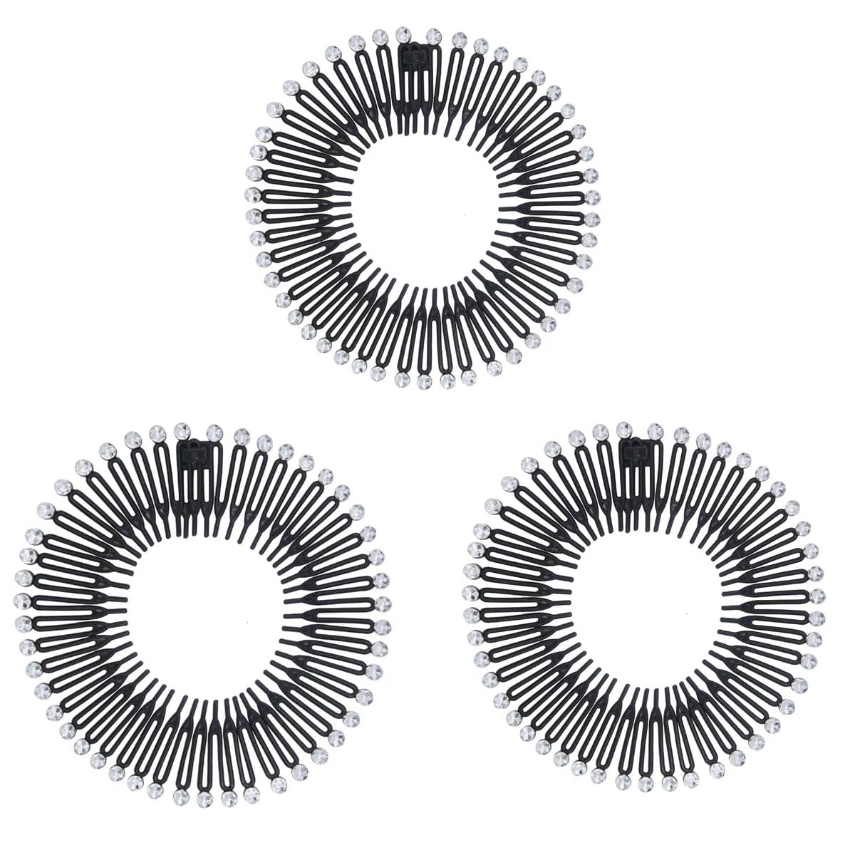 Buy now 3Pieces Flexible Plastic Circular Stretch Hair Combs, Headband Hairband Holder for Women Girls Black with diamond at indiglob india