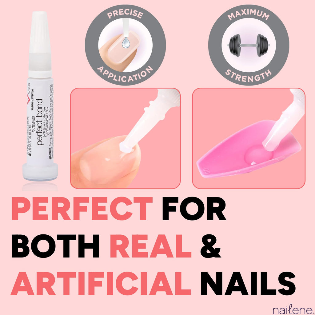 Nailene Perfect Bond Pink Glue, Strong Adhesive for Press On Nails, 2PK | Fast-drying, salon-quality bond. Perfect for artificial nail application, nail tips, and natural nail repairs. Lasts 7 days.