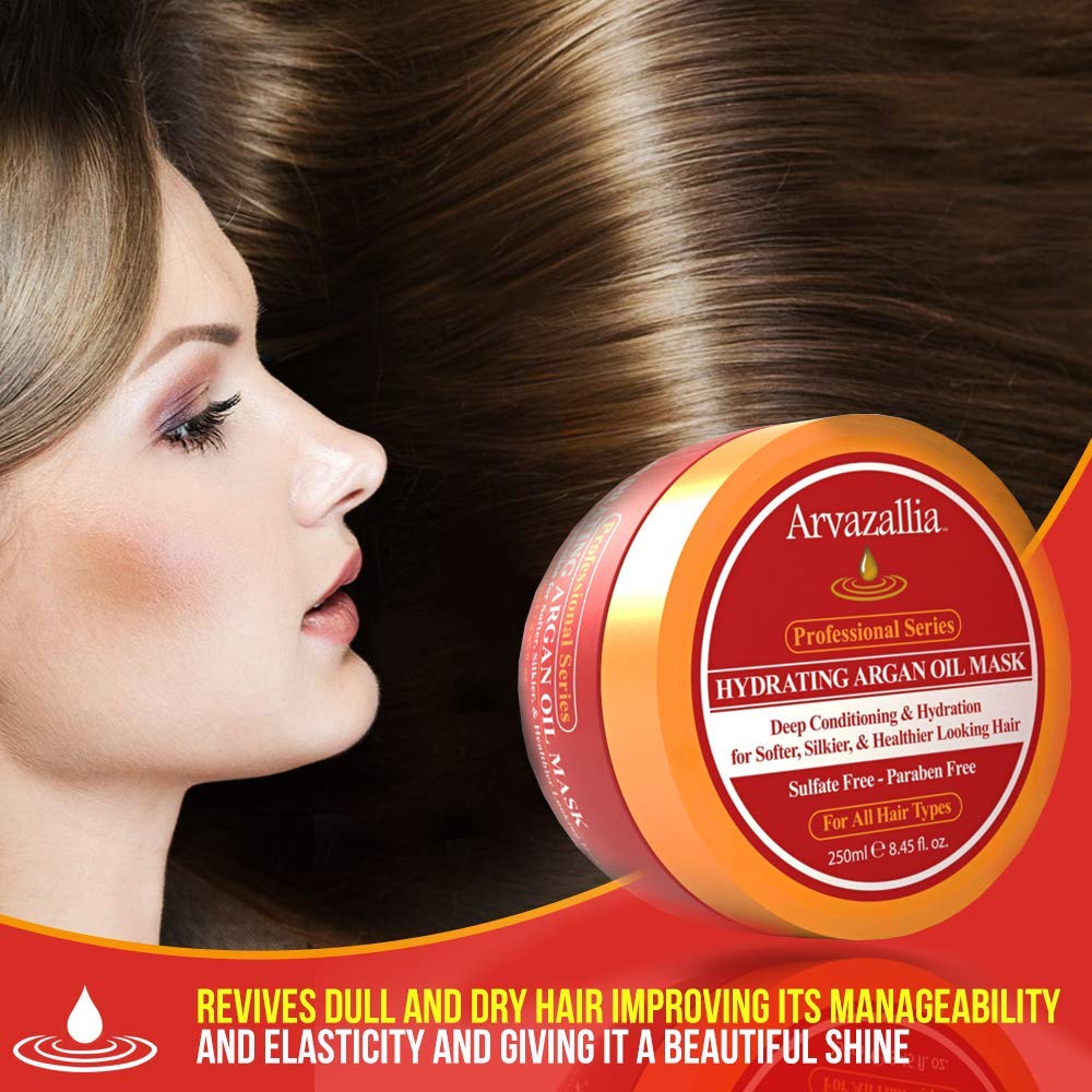 Arvazallia Hydrating Argan Oil Hair Mask & Deep Conditioner For Dry Hair | Repairs, Moisturizes, Detangles Damaged or Dry hair Leaving it Soft, Silky, and Easier to Manage. Sulfate Free 8.45oz Jar