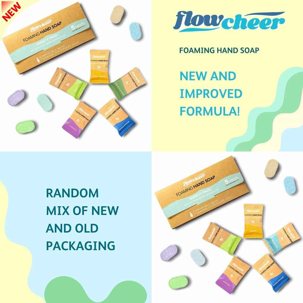 Flowcheer Foaming Hand Soap refill pack features a mix of new and old packaging with vibrant colors, displaying an improved formula.