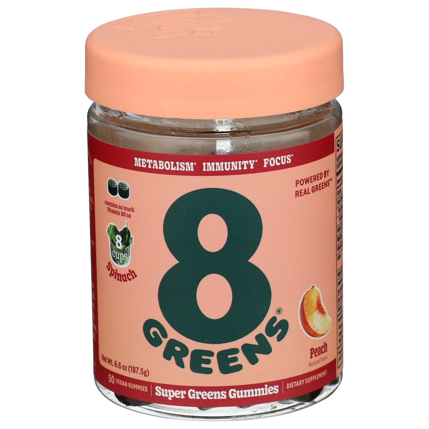 8Greens Daily Greens Gummies, Peach, 100 Count | Spinach, Wheatgrass, Blue Green Algae, Spirulina, Aloe Vera, Chlorella, and Barley Grass; For Metabolism, Immunity & Focus