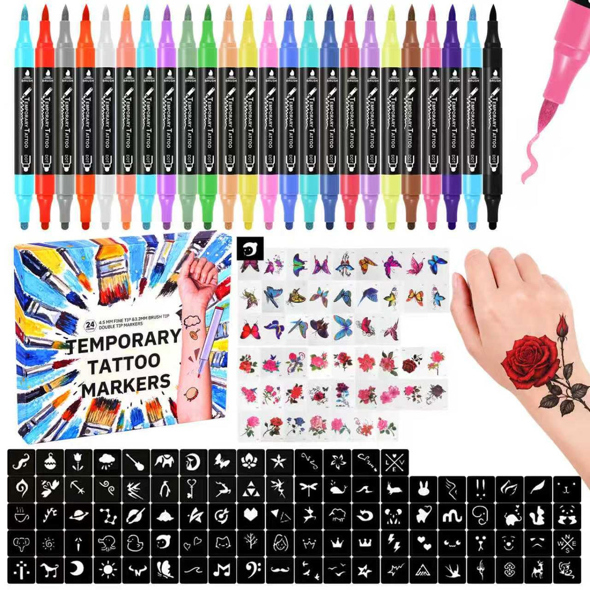Temporary Tattoos Body Markers 24 Count 50 Temporary Tattoo Stickers 82 Stencils Skin Pens for Teen Girl Gifts Trendy Stuff Cool Birthday Gift Ideas Teens 12 13 14 15 16 17 18 Girls & Adults