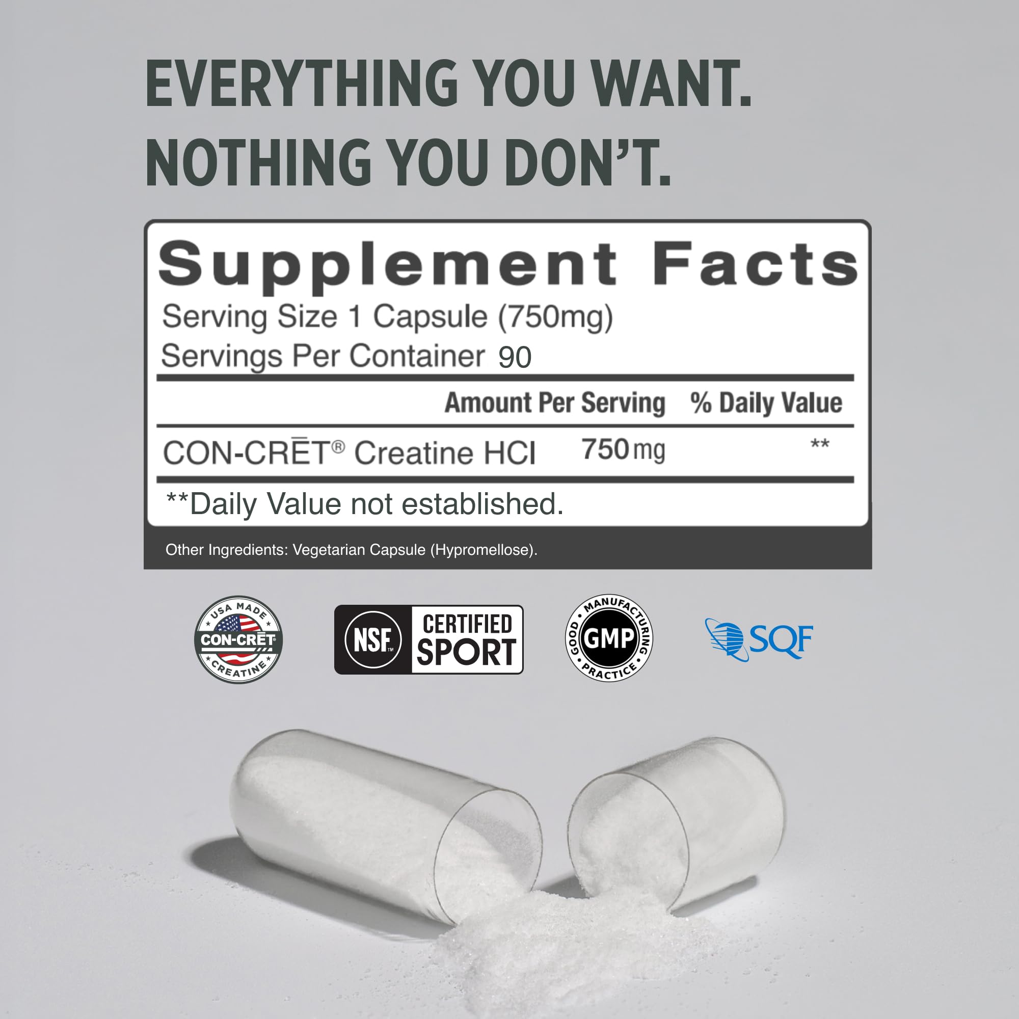 CON-CRET Creatine HCl Capsules for Women and Men, 90 Count | No Bloating or Water Retention, Muscle, Strength & Cognitive Support, USA Made, NSF Certified
