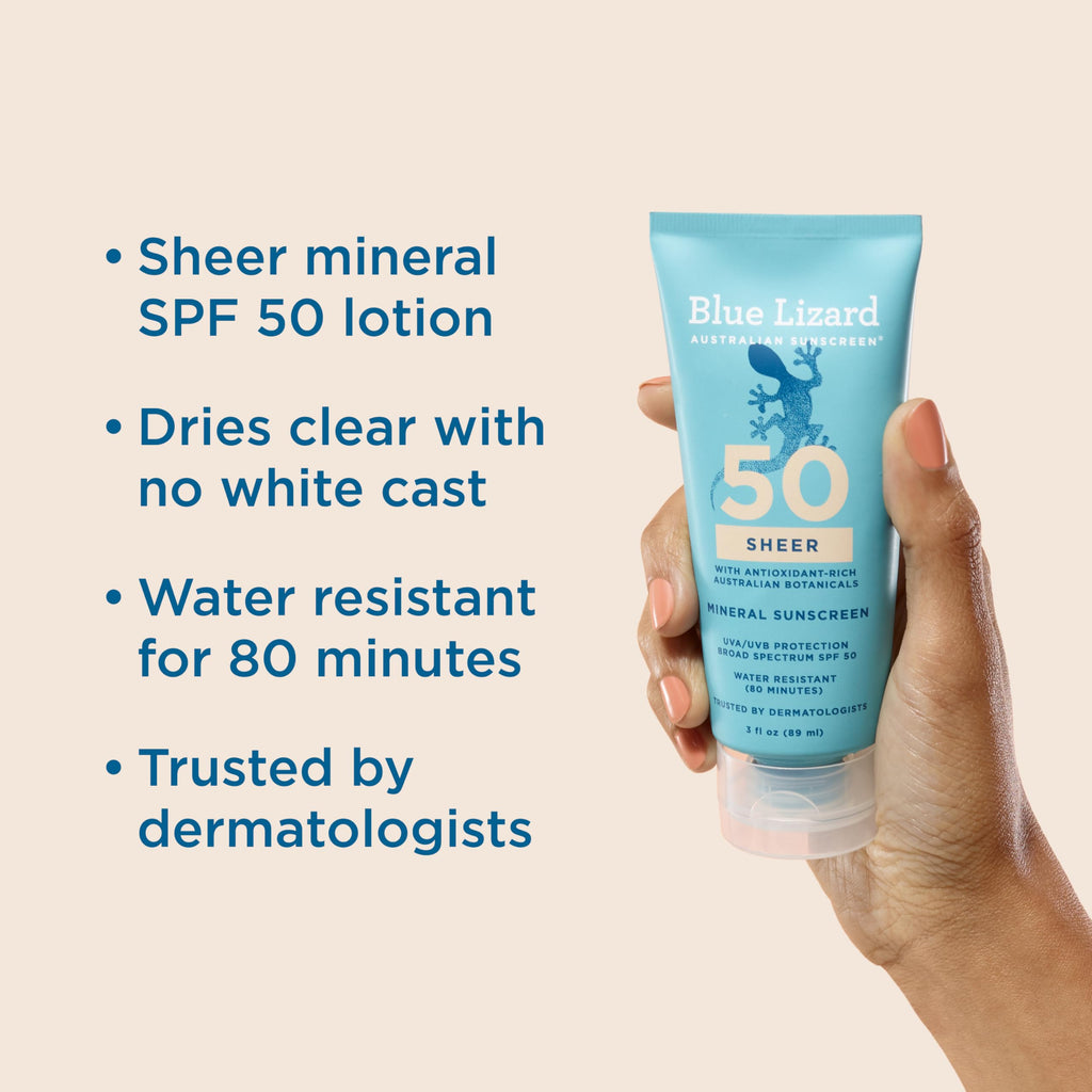 Blue Lizard Sheer Mineral SPF 50 Sunscreen Lotion, Zinc Oxide, 100% Mineral Formula, Nourishes with Australian Desert Lime and Peach, Paraben-Free, Fragrance-Free, 3 fl oz, (Pack of 2)