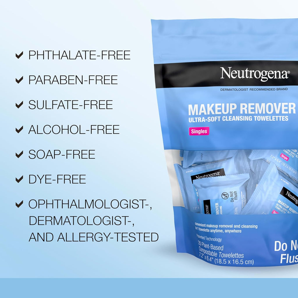 Buy now Neutrogena Makeup Remover Wipes, Daily Single Face Cleansing Towelettes, Makeup Removing Cleansing Wipes Removes Dirt & Oil, Alcohol-Free Face Towelettes, 20 ct at indiglob india