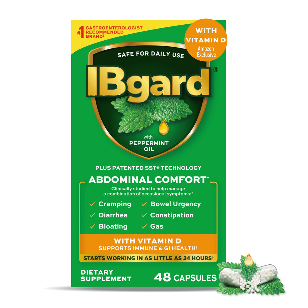 IBgard with Vitamin D, Peppermint Oil Capsules, 48 Capsules | Supports Immune and GI Health, Cramping, Bowel Urgency, Diarrhea, Constipation, Bloating, Amazon Exclusive