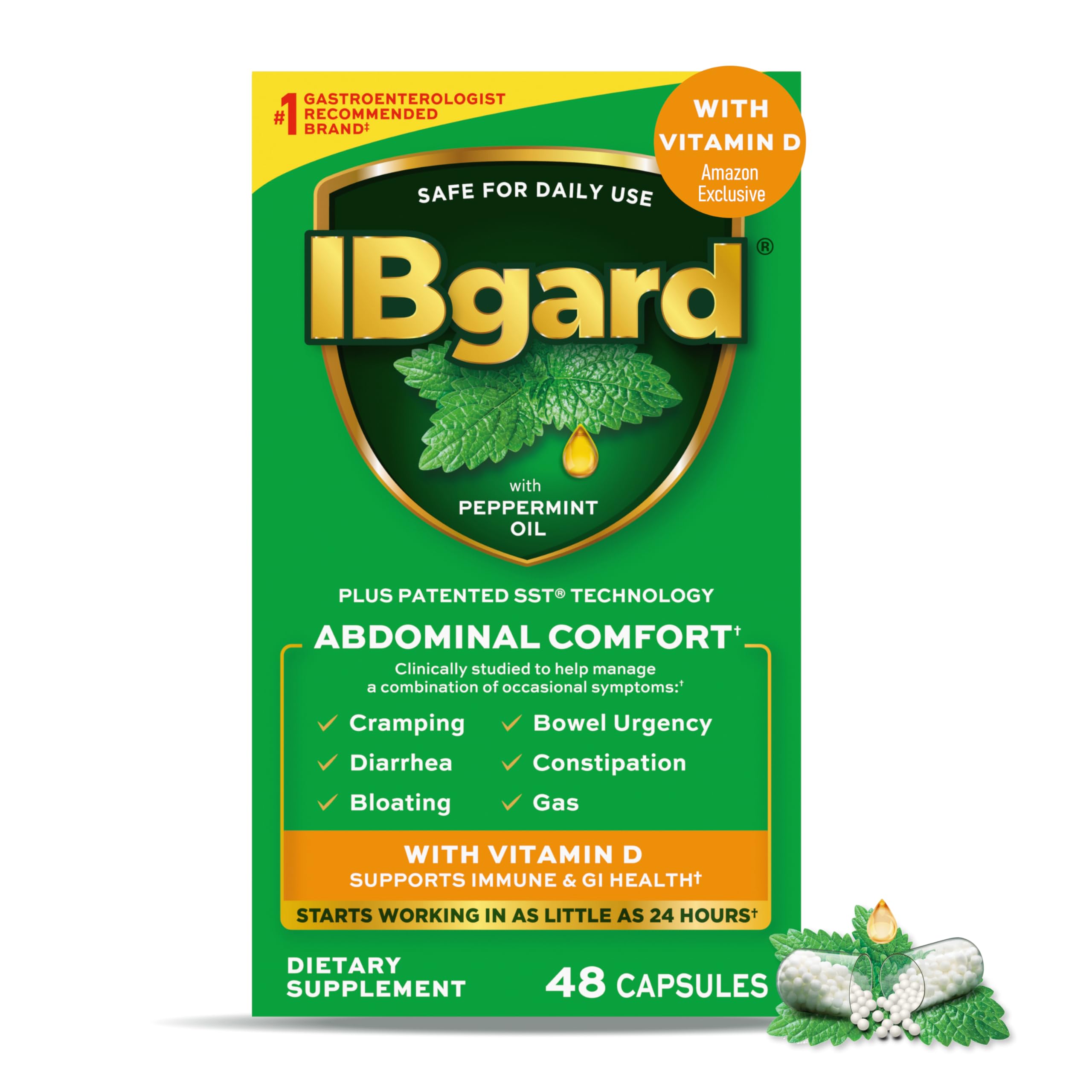 IBgard with Vitamin D, Peppermint Oil Capsules, 48 Capsules | Supports Immune and GI Health, Cramping, Bowel Urgency, Diarrhea, Constipation, Bloating, Amazon Exclusive