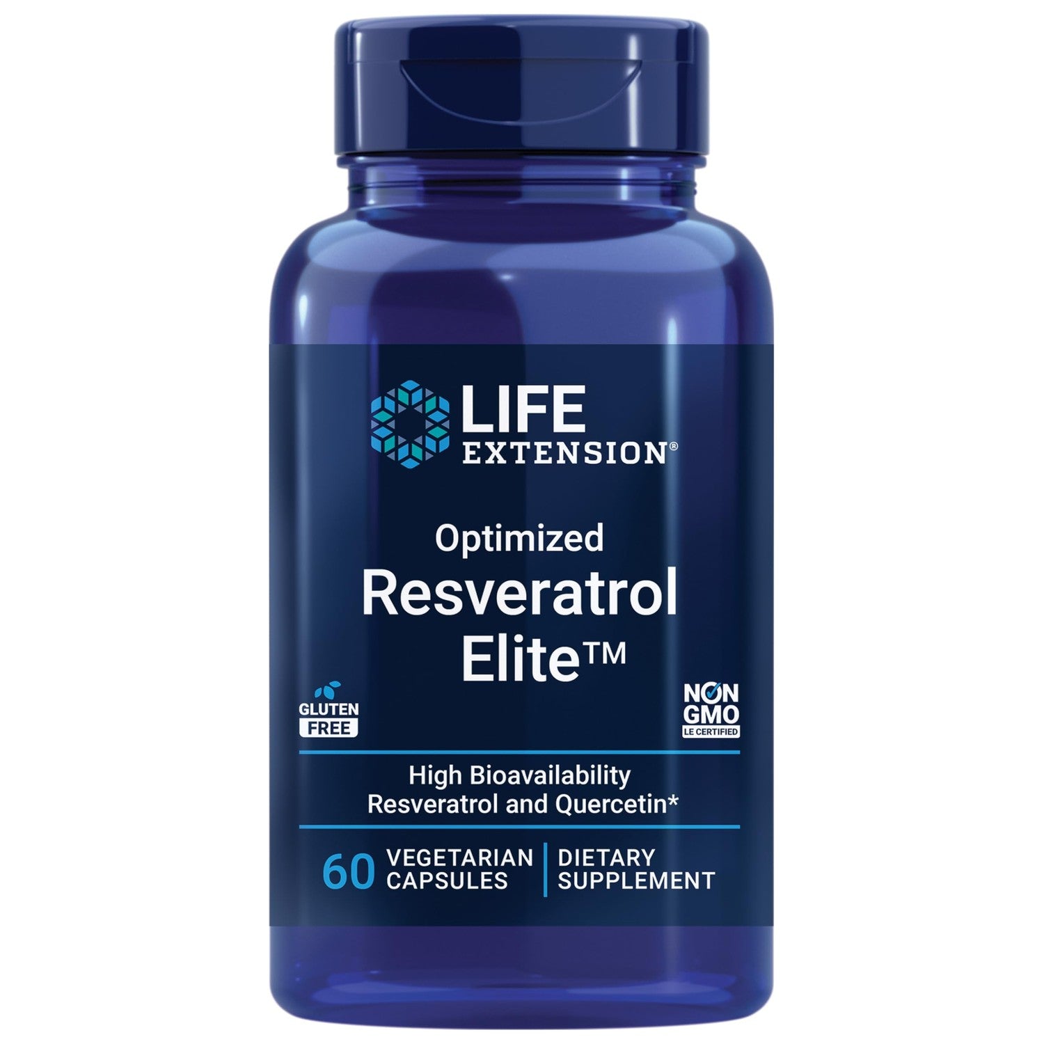 Life Extension Optimized Resveratrol Elite, Trans-resveratrol, quercetin, Healthy Aging, Heart Health, Brain Health, oxidative Stress, Gluten-Free, Non-GMO, Vegetarian, 60 Capsules