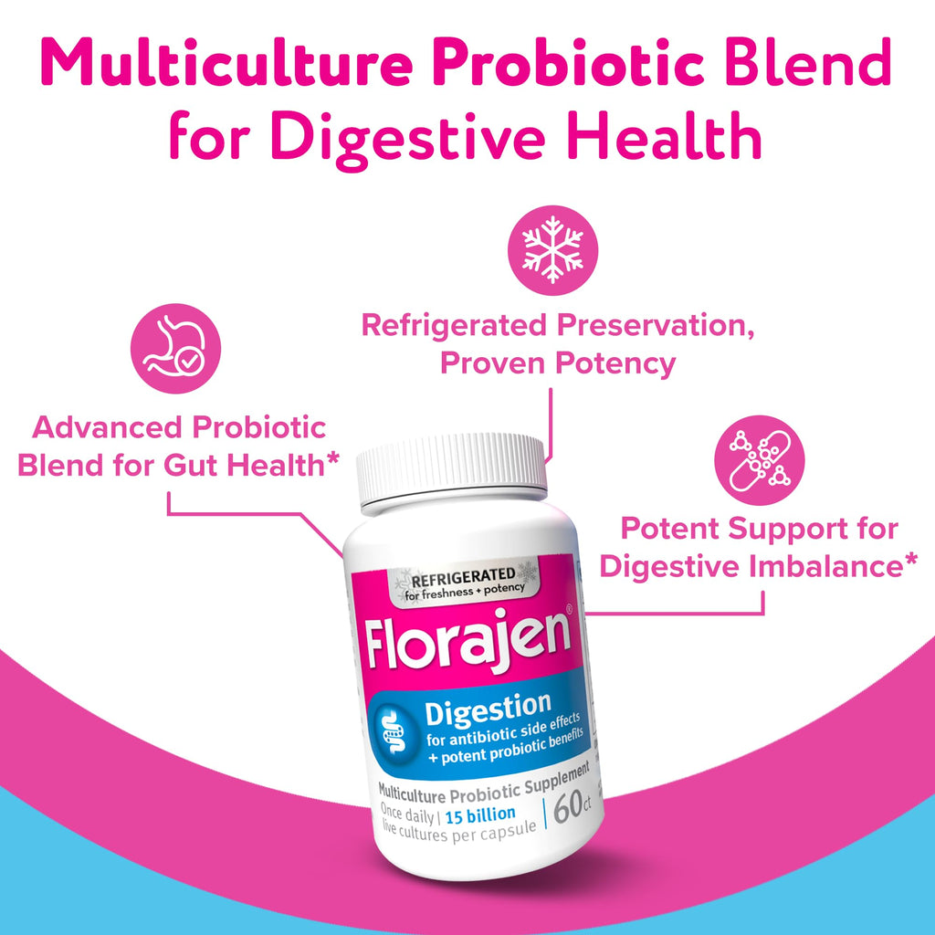 Florajen Digestion Probiotic, Advanced Relief, 60 Capsules | Gas, Bloating, & Constipation, Lactobacillus for Gut Health, Regularity, & Balanced Flora, Refrigerated Potency & Freshness