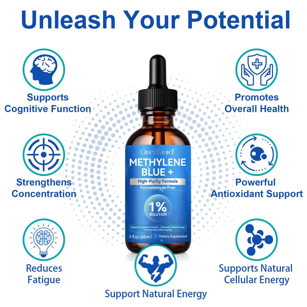 Methylene Blue Pharmaceutical Grade, Methylene Blue Drops for Humans Brain Health and Energy Support, No Formaldehyde, No Alcohol, No Gluten - 2 Fl OZ