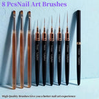 8Pcs Nail Art Brushes Set, 5 Art Liners & 3 Multi Shape Gel Builder Brushes | Liners with 7/9/11/15/25mm bristles for fine lining, gel coating & nail shaping, ideal for salon and DIY nail art