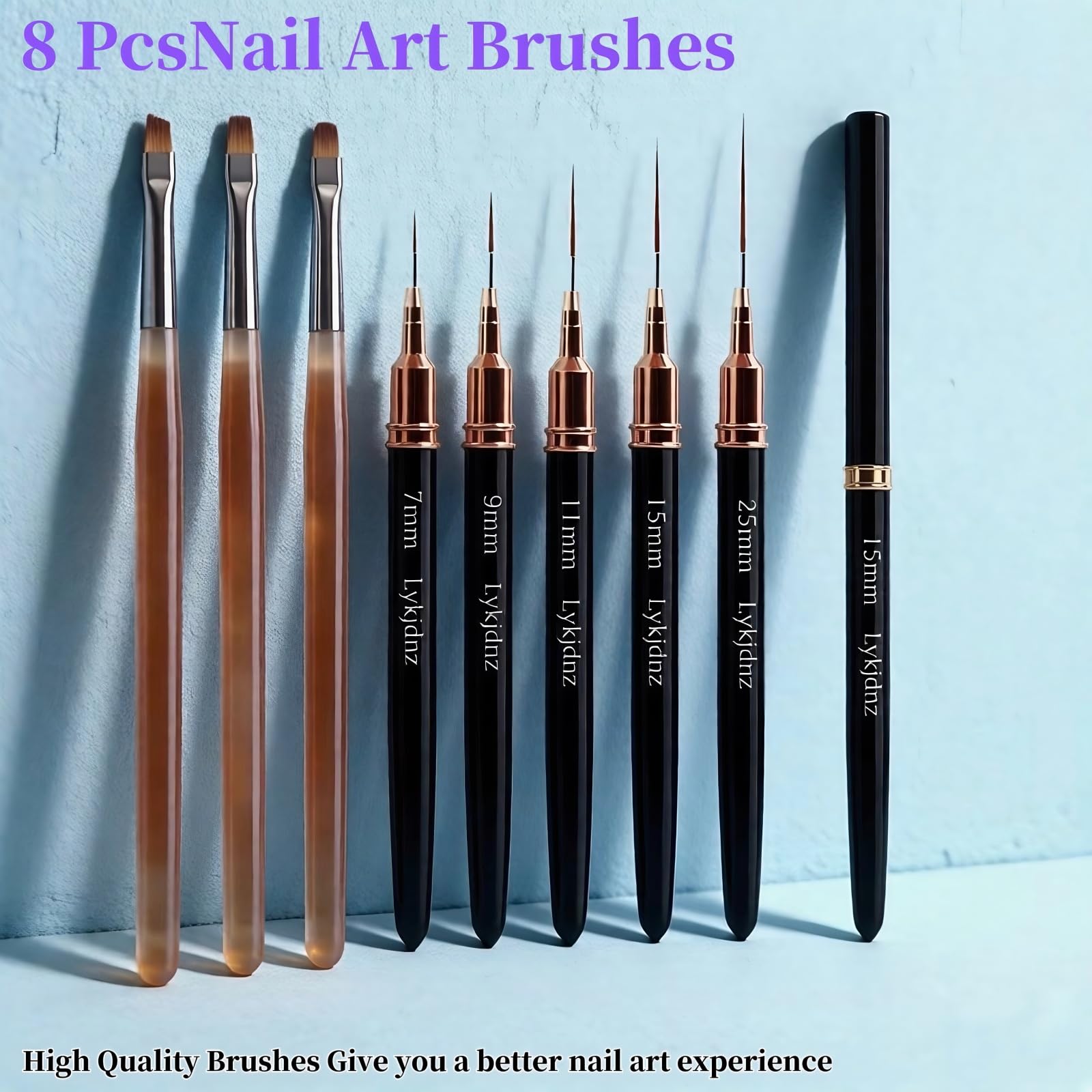 8Pcs Nail Art Brushes Set, 5 Art Liners & 3 Multi Shape Gel Builder Brushes | Liners with 7/9/11/15/25mm bristles for fine lining, gel coating & nail shaping, ideal for salon and DIY nail art