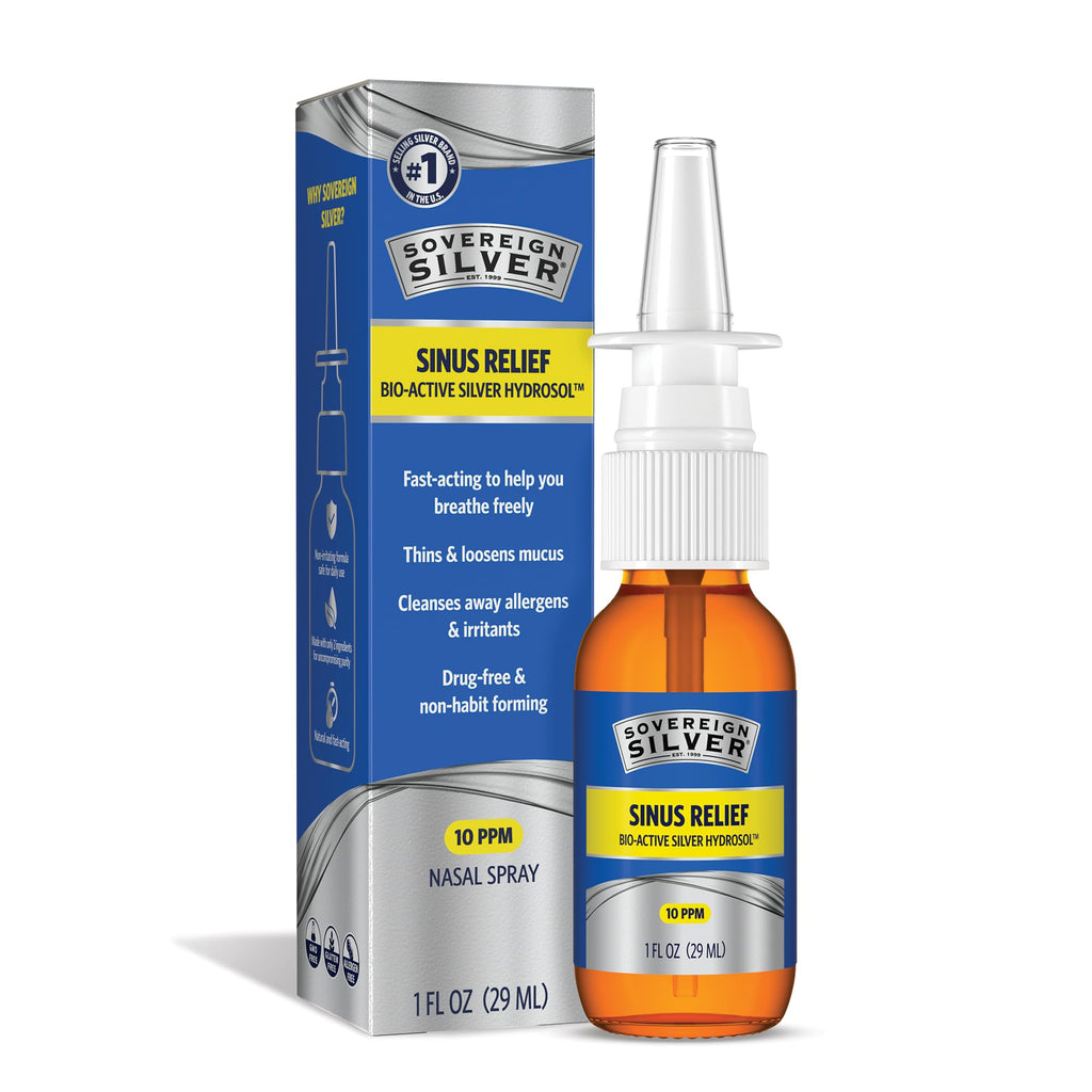 Sovereign Silver Sinus Relief Nasal Spray, 2 fl oz (59 mL) | Bio-Active Silver Hydrosol, Sinus Spray to Cleanse Mucus & Allergens, Drug-Free Nasal Cleanser, Non-Habit Forming, 10 ppm