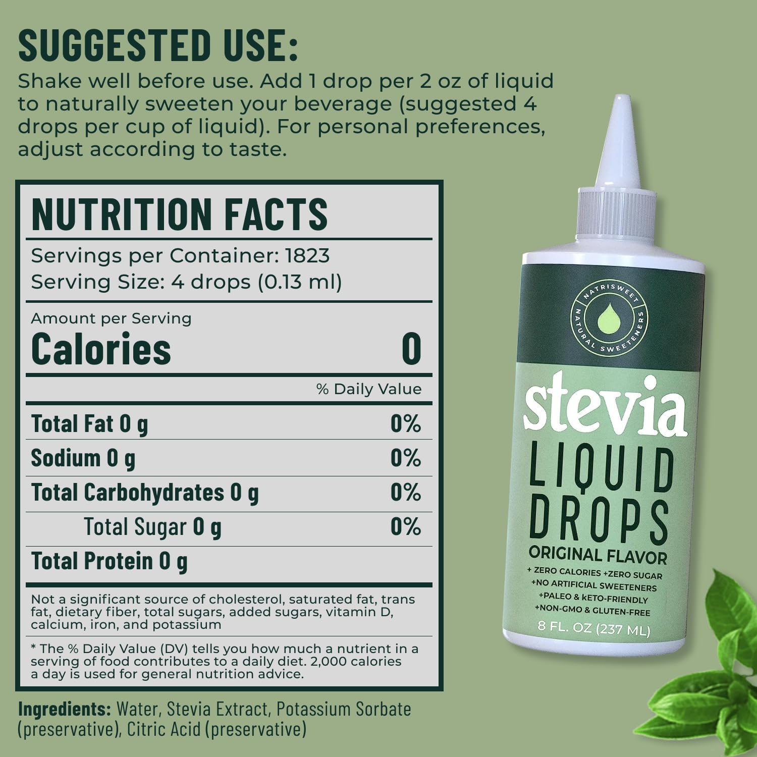 Stevia Liquid Drops, 8 Fl oz, 1823 servings, Pure Concentrated Drops with Zero Calories & Zero Carbs, Delicious Sugar Substitute Great for Keto & Paleo Diets