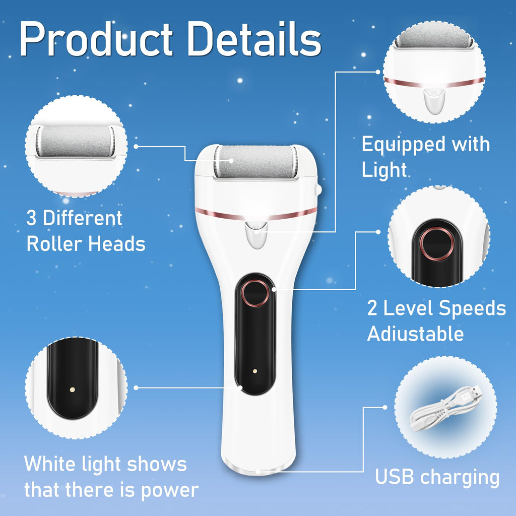 Callus Remover for Feet, Electric Foot Callus Remover Waterproof with 3 Rollers 2 Speed Battery Display,17 in1 Rechargeable Foot File Pedicure Kits for Dead Hard Cracked Dry Skin（White