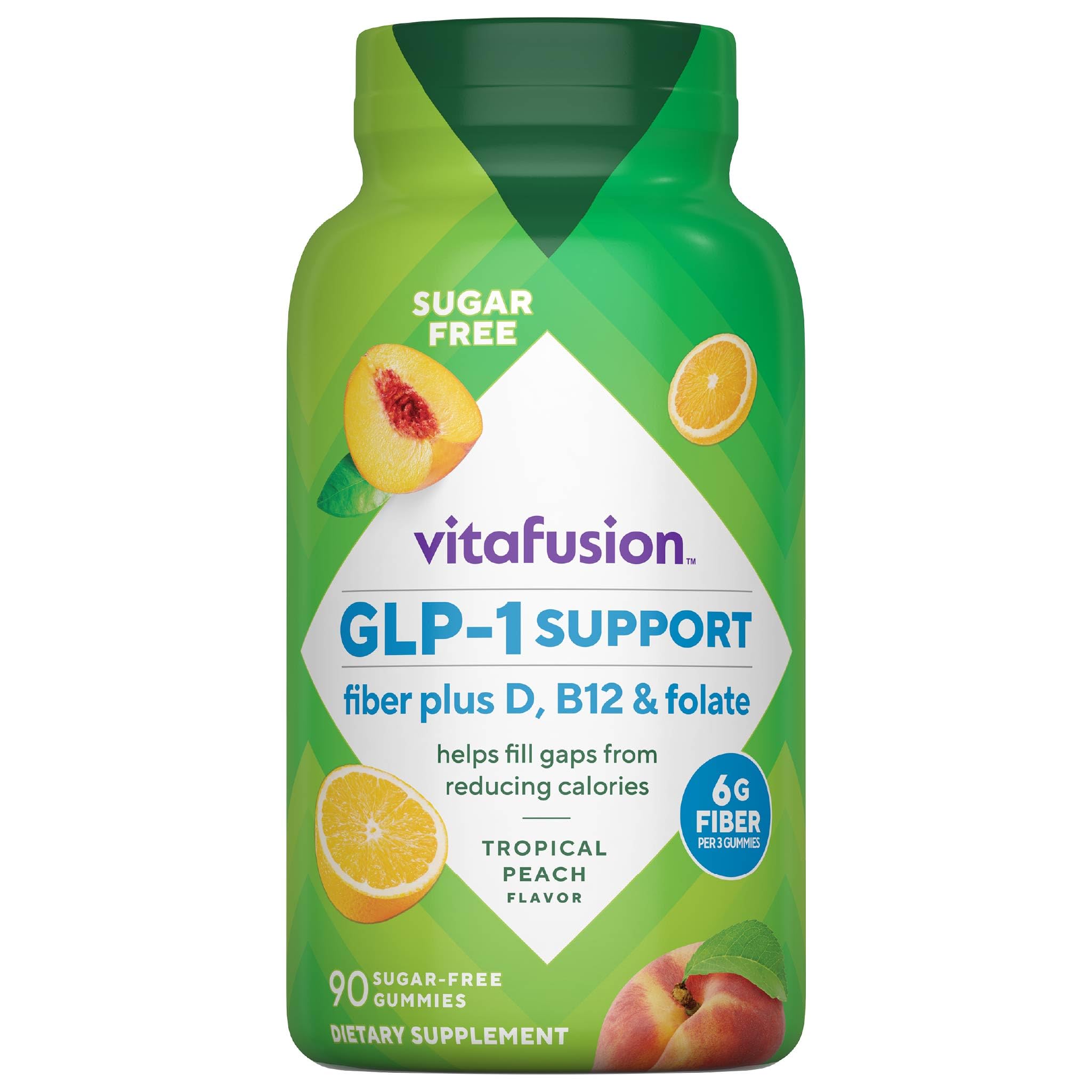 Vitafusion GLP1 Gummy Supplement | 90 Sugar Free Gummies | Vitamin & Mineral Blend with Fiber, D3, B12, and Folate | for Women & Men | Tropical Peach Flavor | Gluten Free Formula