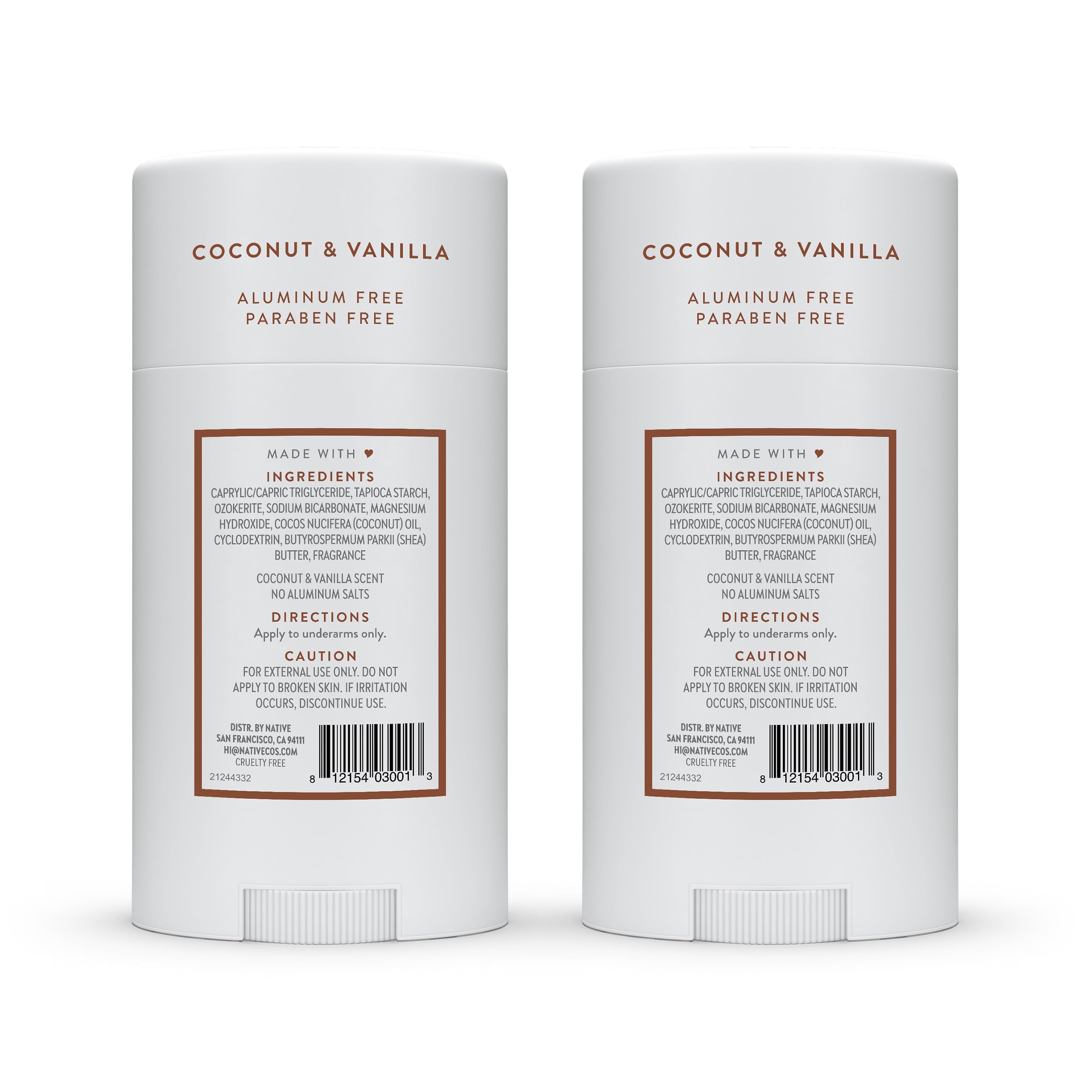 Native Deodorant Contains Naturally Derived Ingredients, 72 Hour Odor Control, Deodorant for Women and Men, Aluminum Free, Coconut & Vanilla 2.3 oz (Pack of 2)