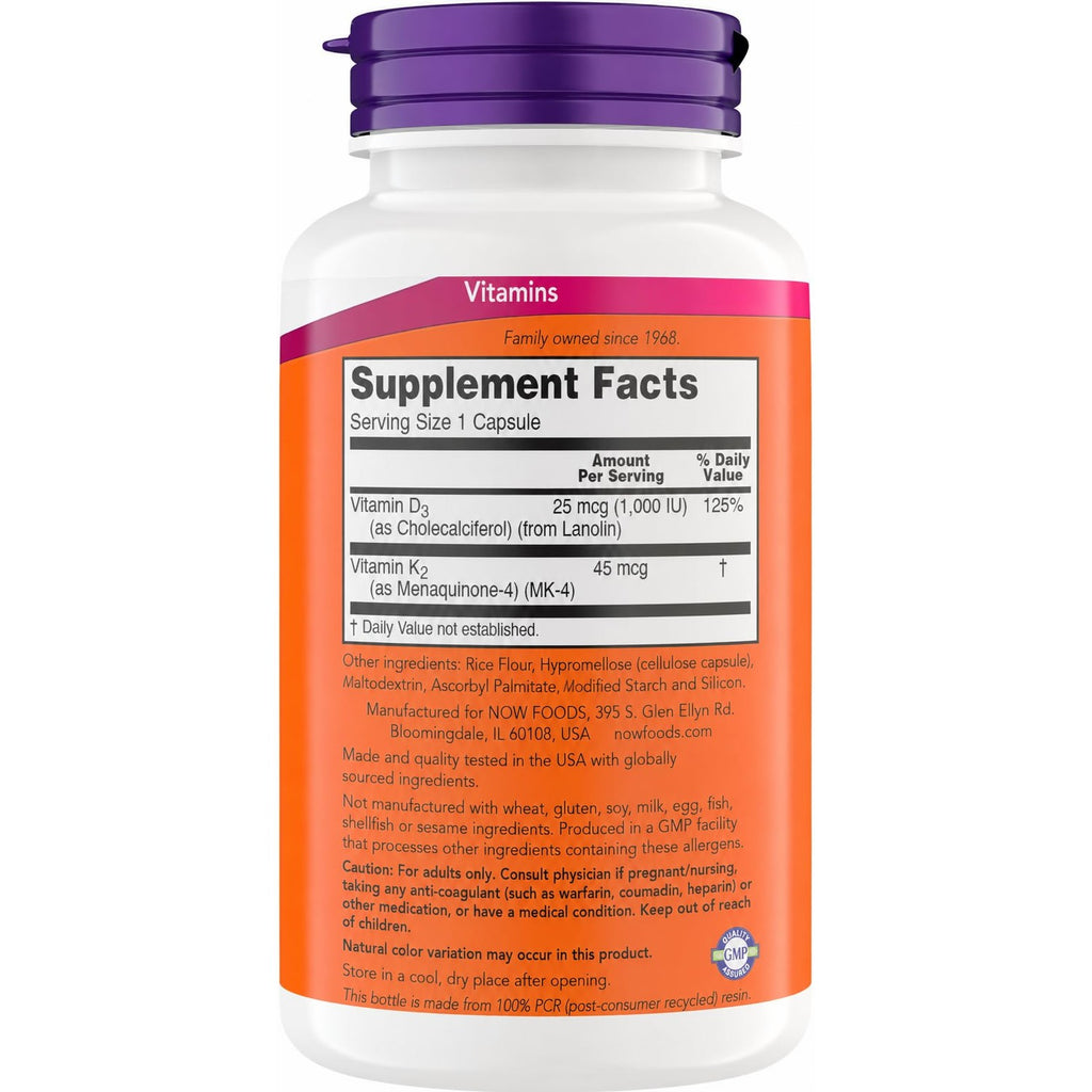 Now Supplements Vitamin D3 K2, 1,000 IU/45 mcg, Cardiovascular Support, Supports Bone Health, 180 Vegetarian Capsules - Vegan, Gluten Free, Kosher