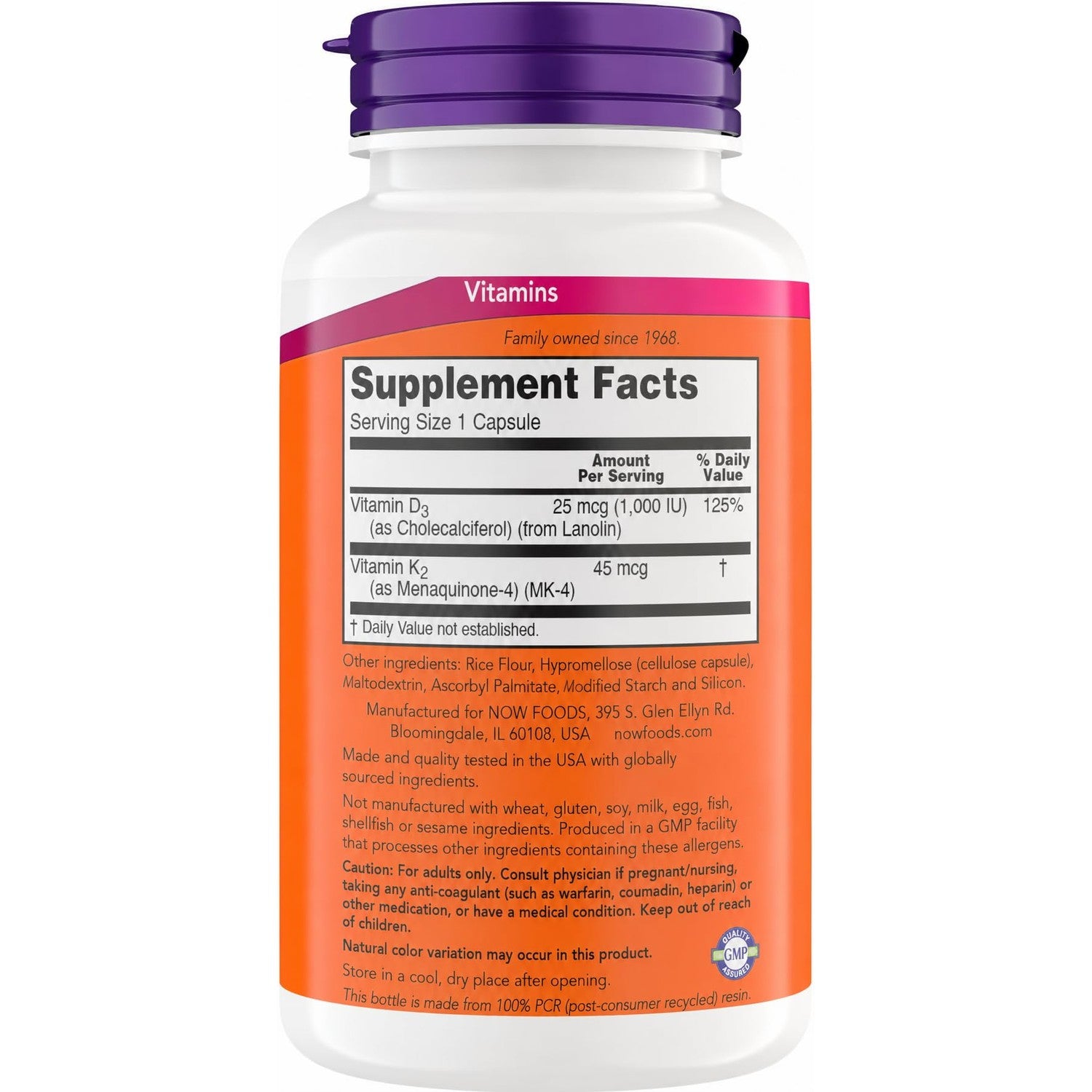 Now Supplements Vitamin D3 K2, 1,000 IU/45 mcg, Cardiovascular Support, Supports Bone Health, 180 Vegetarian Capsules - Vegan, Gluten Free, Kosher