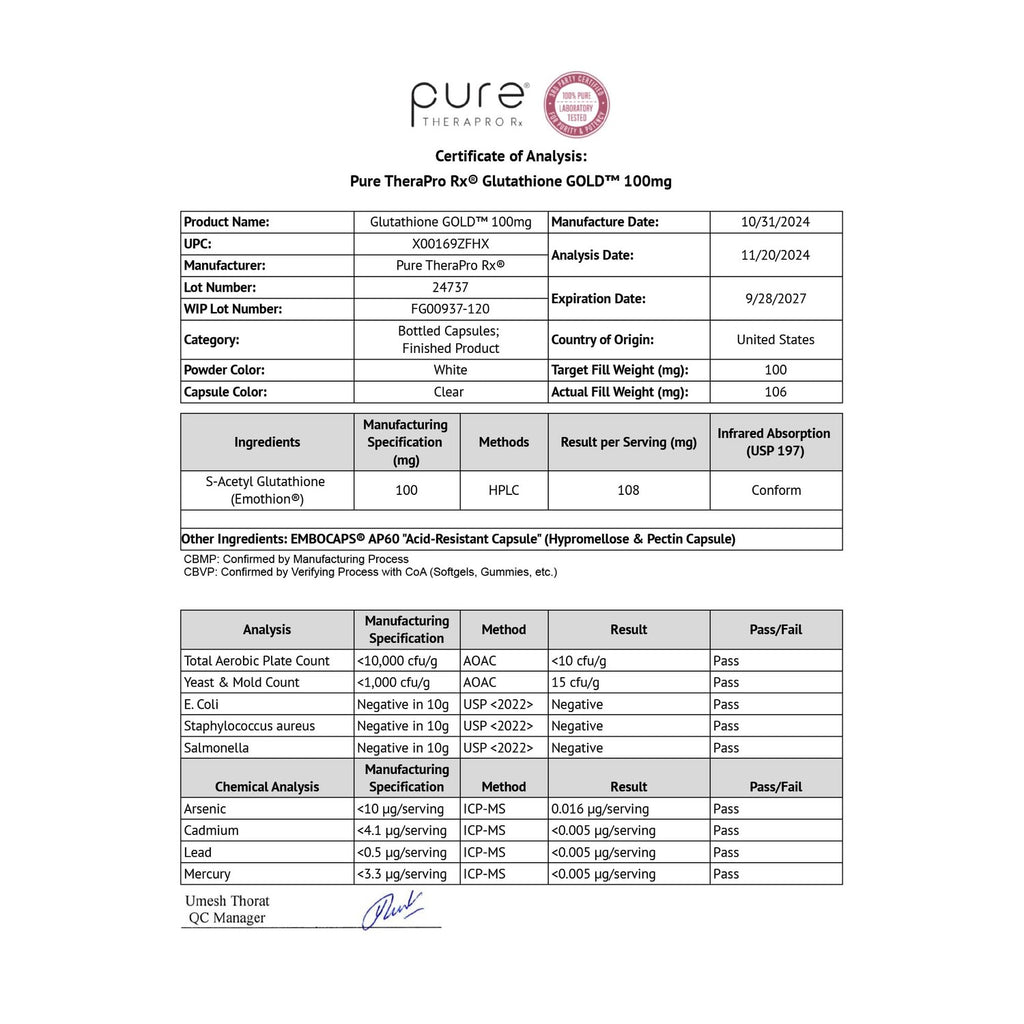 Buy now Pure Therapro Rx S-Acetyl Glutathione Gold 100mg, Made in USA - 4 Month Supply | Acid Resistant Capsules | Patented Acetylated Form of Glutathione | Zero Fillers, Pharmaceutical Grade, Non GMO at indiglob india