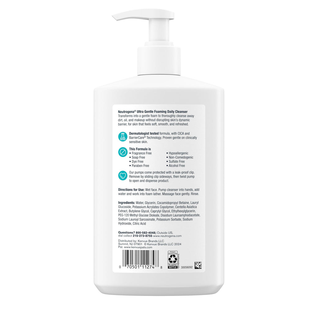 Neutrogena Ultra Gentle Foaming Facial Cleanser, Fragrance Free, 16 fl. oz | Sensitive Skin, Daily Face Wash, Removes Dirt Oil & Makeup Without Over-Drying, Soap-Free
