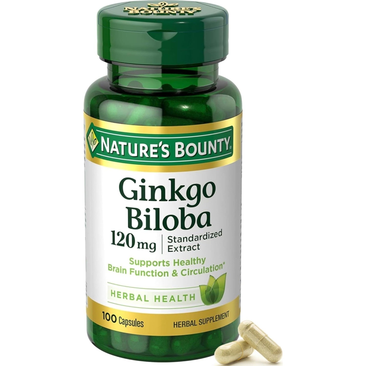 Nature's Bounty Ginkgo Biloba Standardized Extract 120 mg, Herbal Bottles, Capsule, 100 Count, Pack of 2