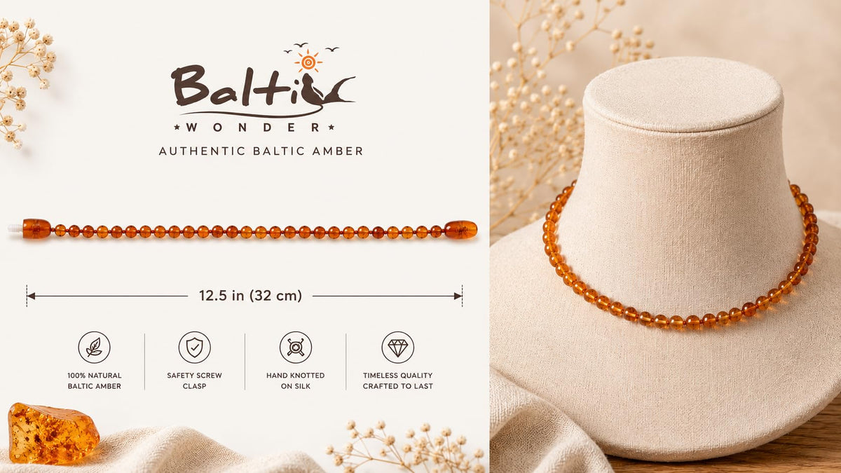 Baltic Amber Necklace - Authentic Cognac Baroque - Natural Comfort - 12.5 Inch - Screw Clasp