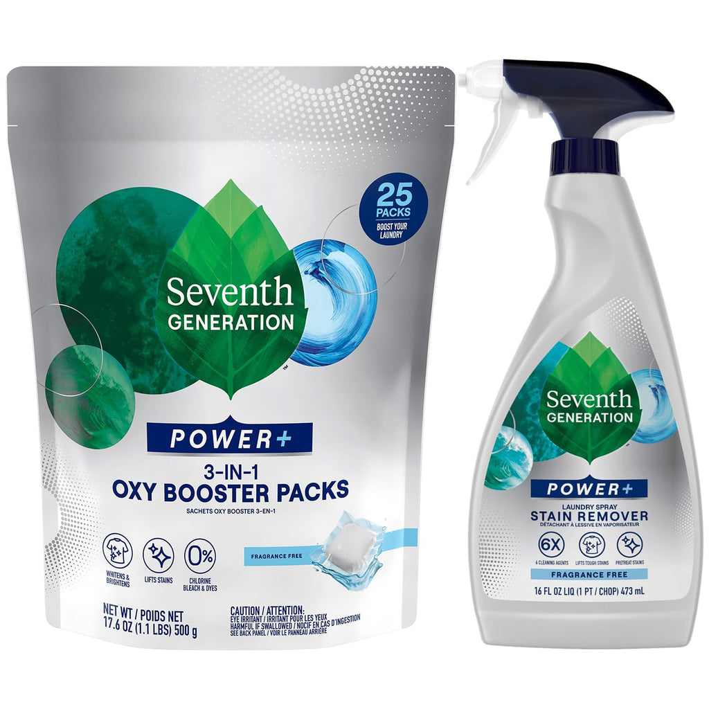 Buy now Seventh Generation Stain Remover Bundle â€“ Power+ Laundry Spray + 3-in-1 Oxy Booster Packs, Plant-Based Formulas, Fragrance-Free (2 Piece Set) at indiglob india