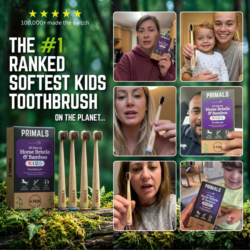 PRIMALS Kids Horse Bristle & Bamboo Toothbrush (4-Pack) - Soft & Healthy Horse Bristles - Zero Microplastics - Fully Biodegradable - Quick Dry Design