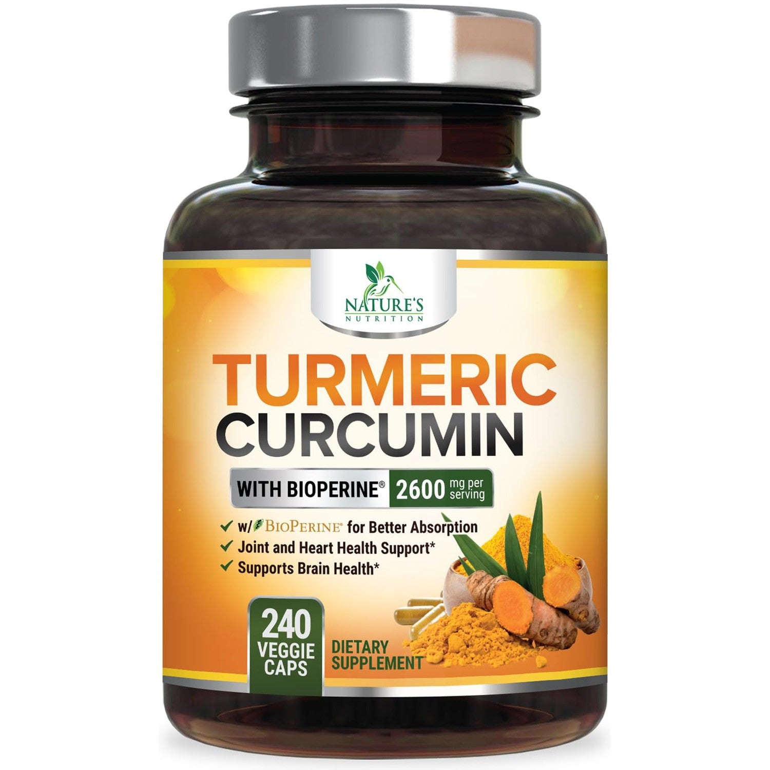 Turmeric Curcumin Supplement - 2400mg Organic Turmeric Per Serving - 95% Curcuminoids & BioPerine Black Pepper Extract for Best Absorption - Natural Vegan Joint Support, Bottled in USA - 240 Capsules