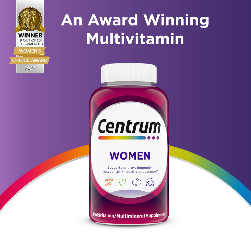 Centrum Multivitamin for Women 18 and Over, 250 Tablets | Contains Vitamin D3, B Vitamins and Antioxidant Vitamins C and E, Gluten Free, Non-GMO Ingredients, GLP-1 Support