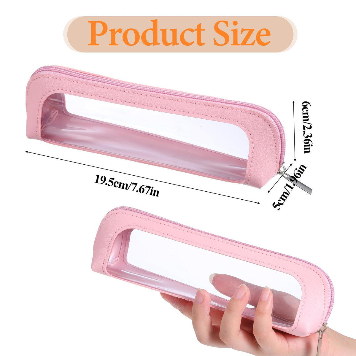 Stylish pink PU leather makeup bag with clear view window, ideal for organization and travel. Compact and versatile design.