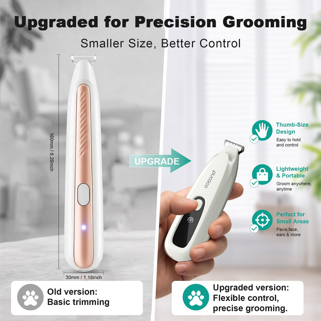 Upgraded Mini Dog Paw Trimmer with LED Light, Low Noise Small Pet Hair Trimmer 18mm Wide Curved Blade, 35dB Cordless Waterproof Pet Paw Grooming Clippers for Dogs, Cats, Paws, Ears, Face, Rump